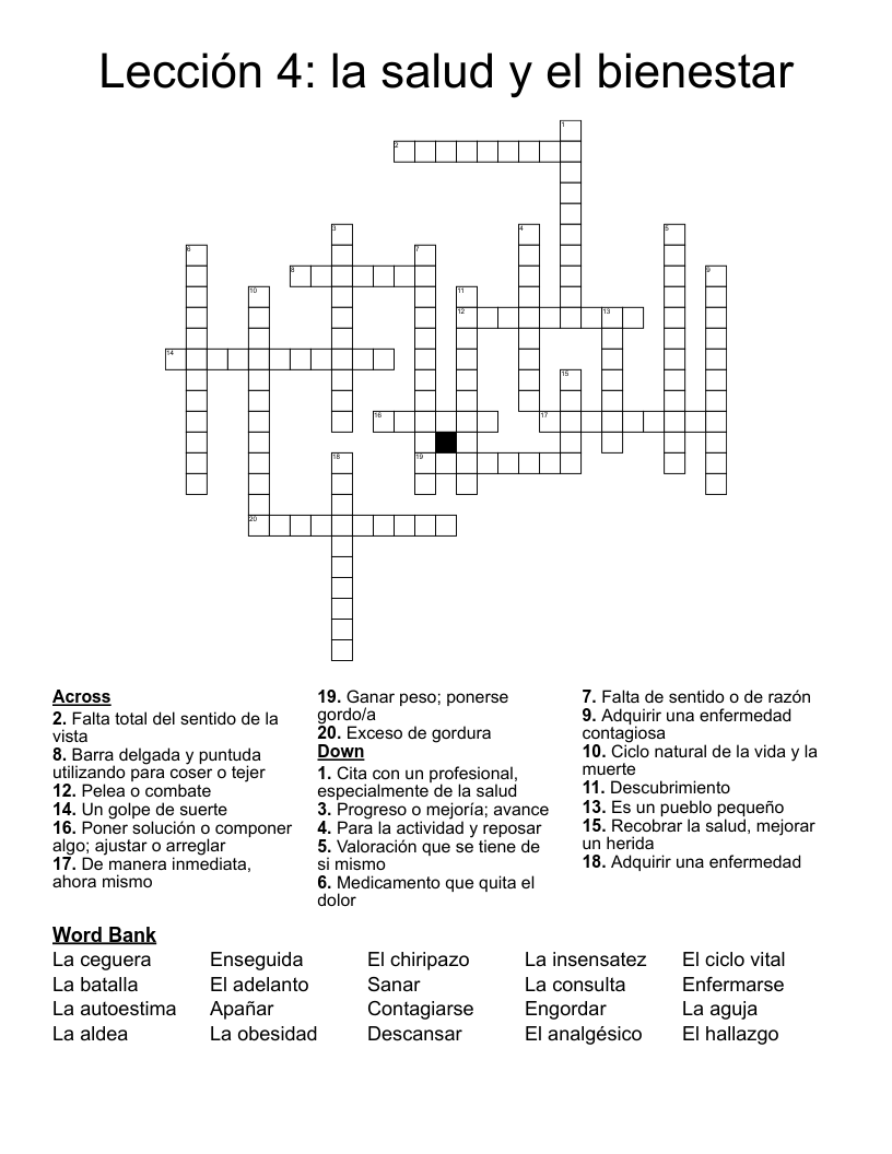 Lección 4: la salud y el bienestar  Crossword