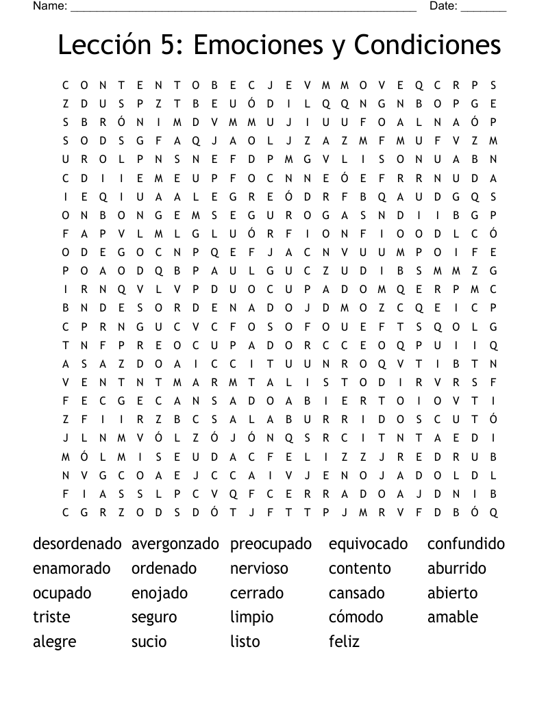 Lección 5: Emociones y Condiciones Word Search
