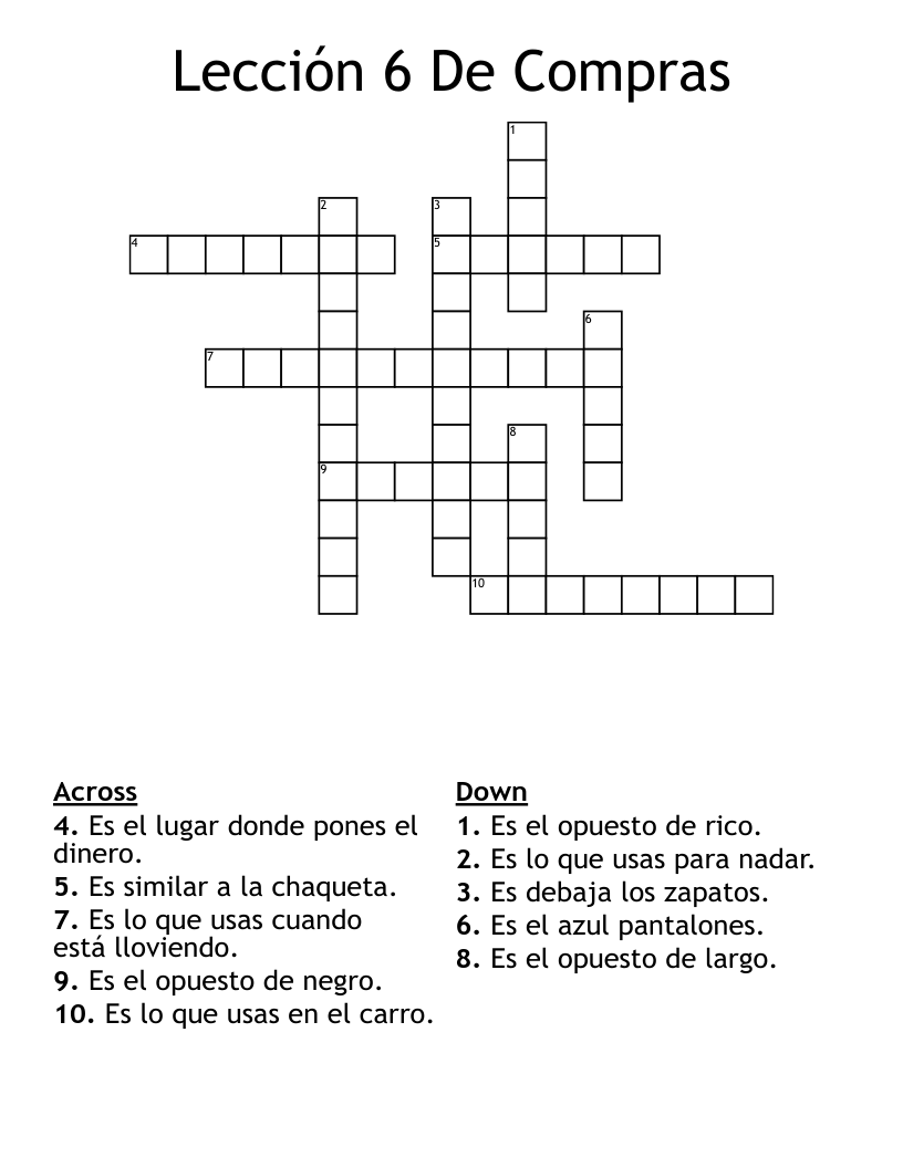 Lección 6 De Compras Crossword