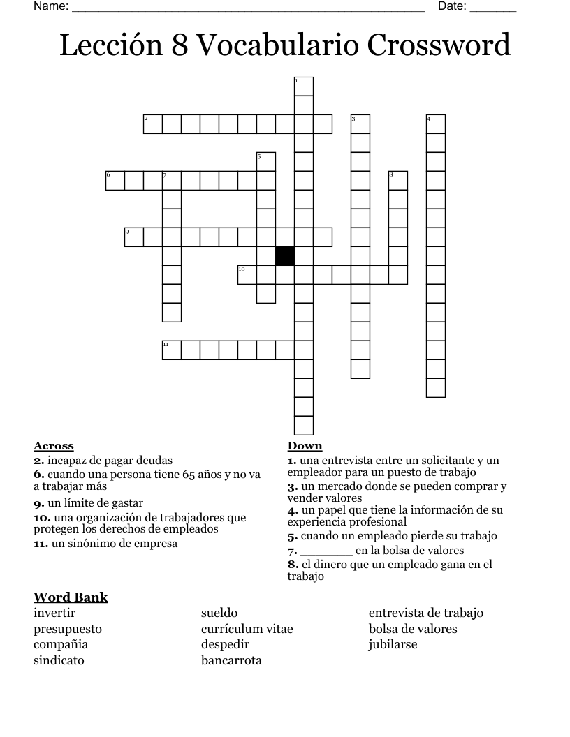 Lección 8 Vocabulario Crossword