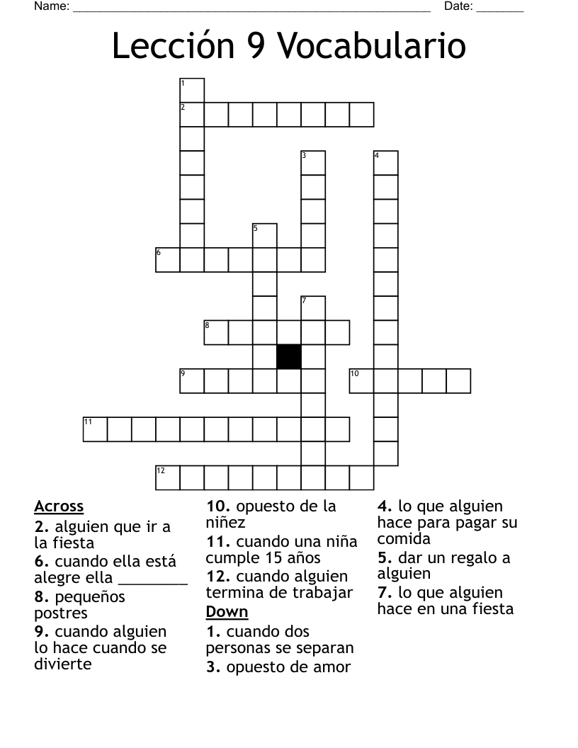 Lección 9 Vocabulario Crossword