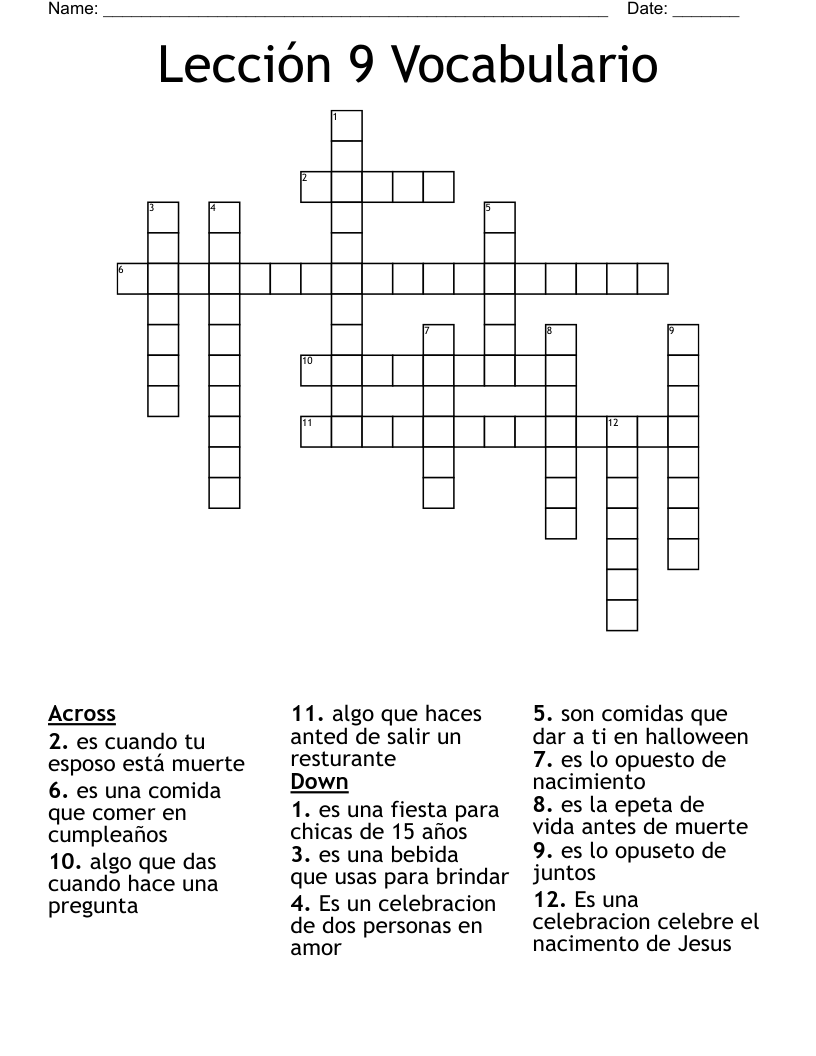 Lección 9 Vocabulario Crossword
