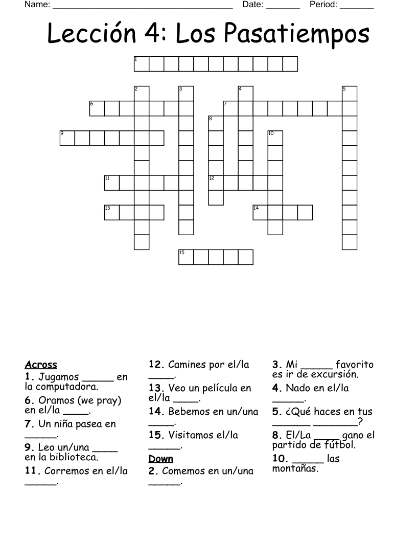 Lección  4: Los Pasatiempos Crossword