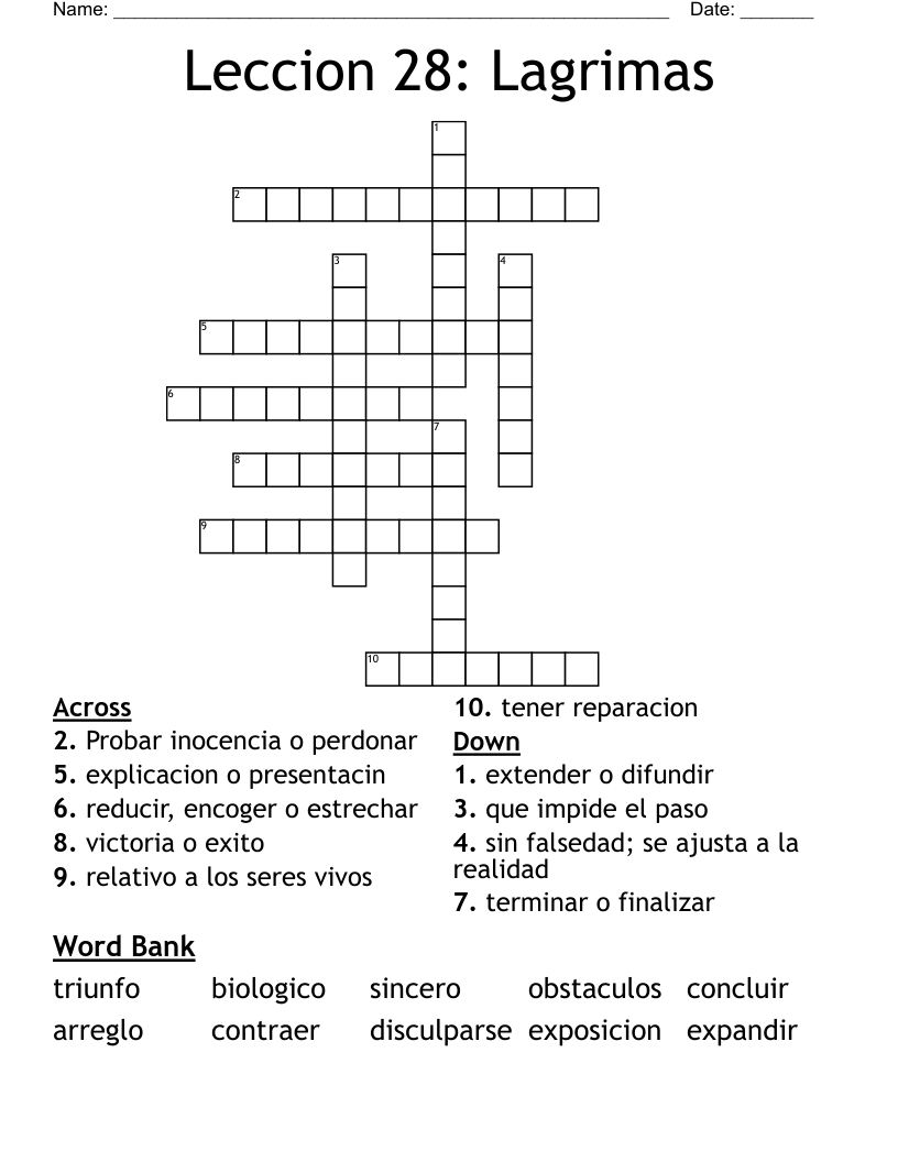 Leccion 28:  Lagrimas Crossword
