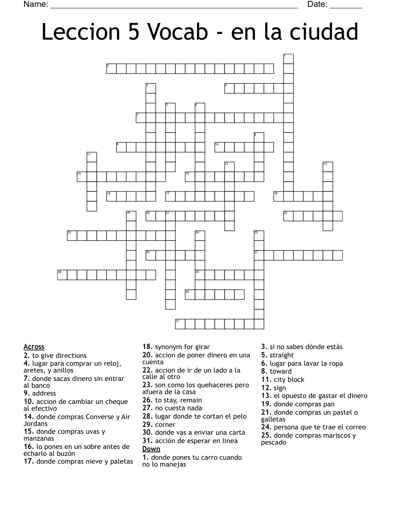 Leccion 5 Vocab - en la ciudad Crossword