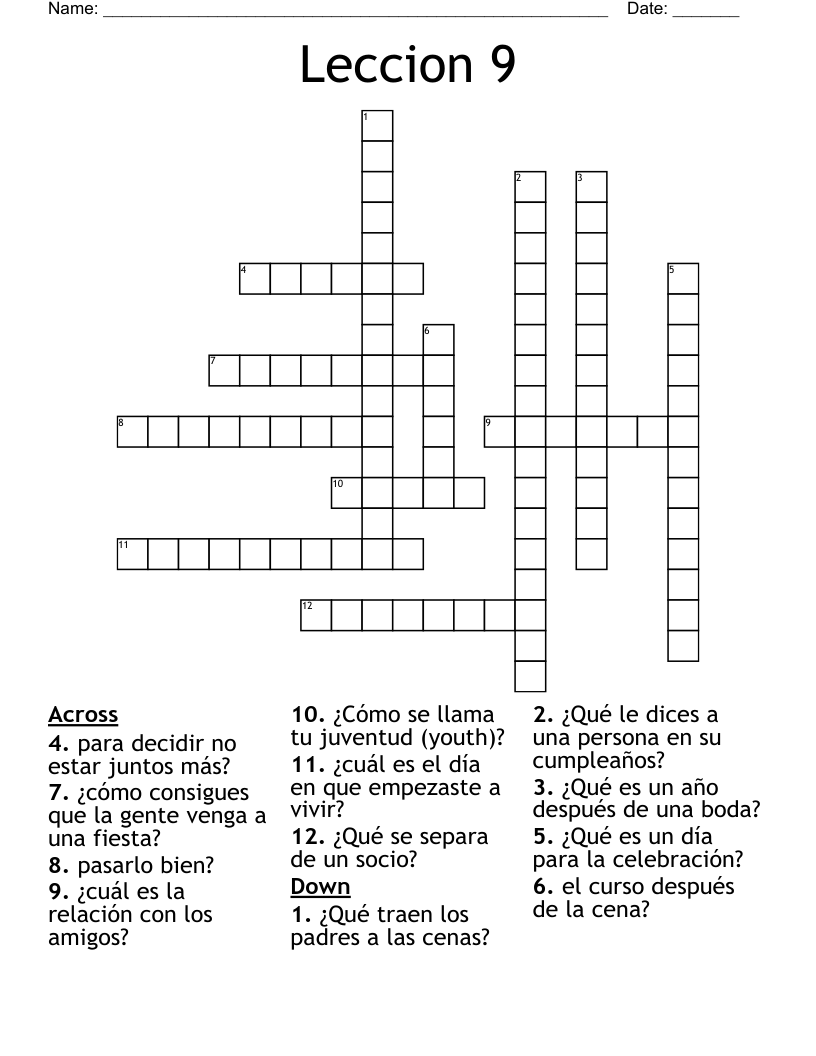Leccion 9 Crossword