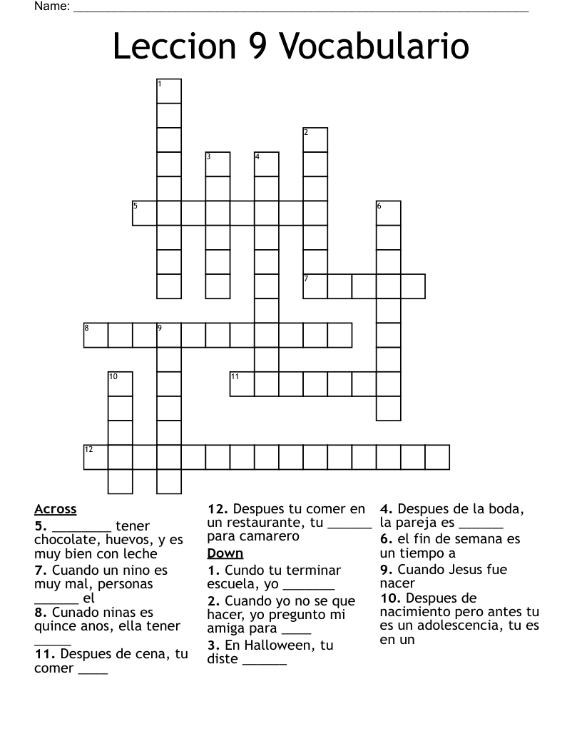 Leccion 9 Vocabulario Crossword