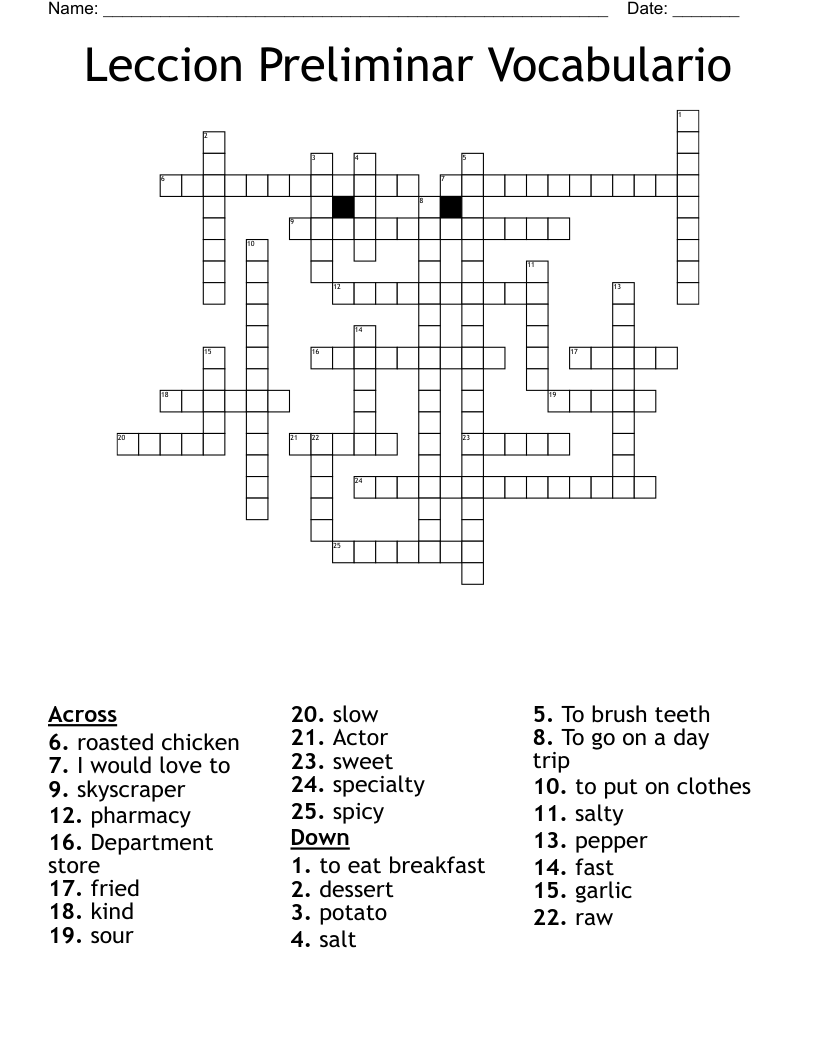 Leccion Preliminar Vocabulario Crossword