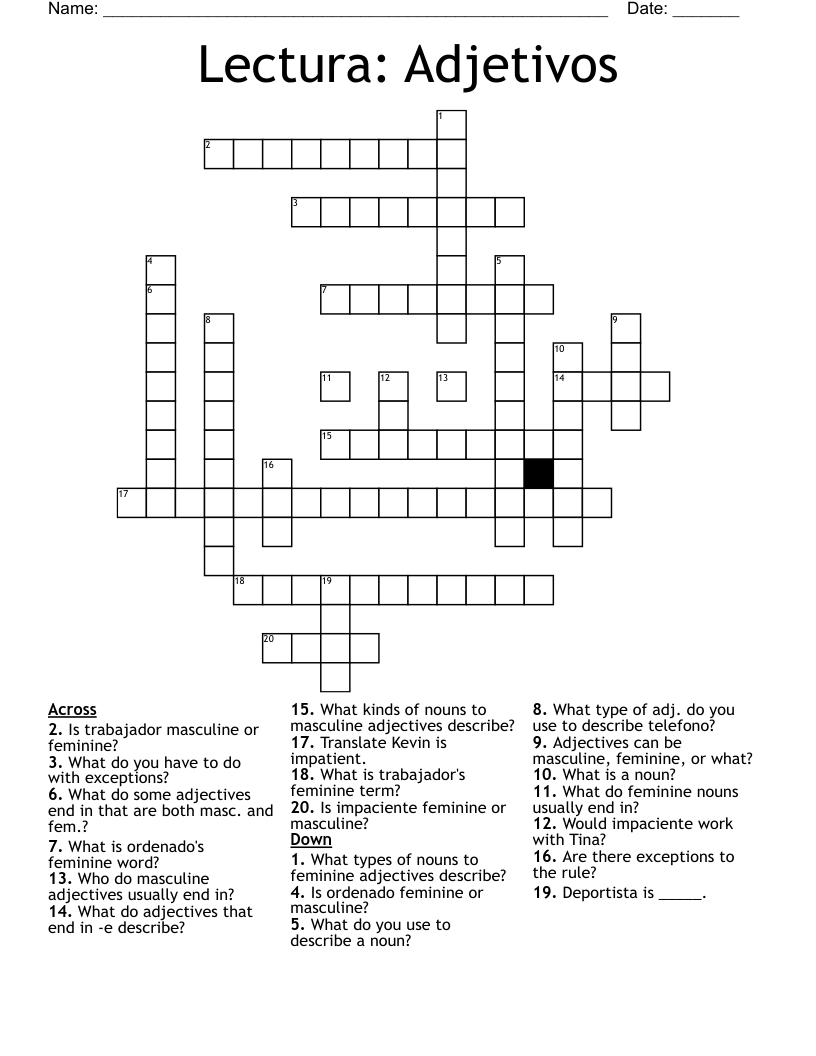 Lectura: Adjetivos Crossword