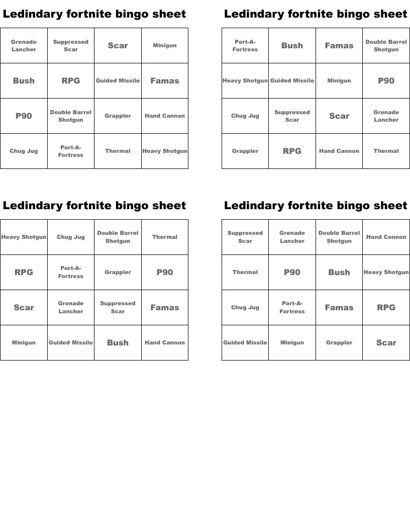 Ledindary fortnite bingo sheet