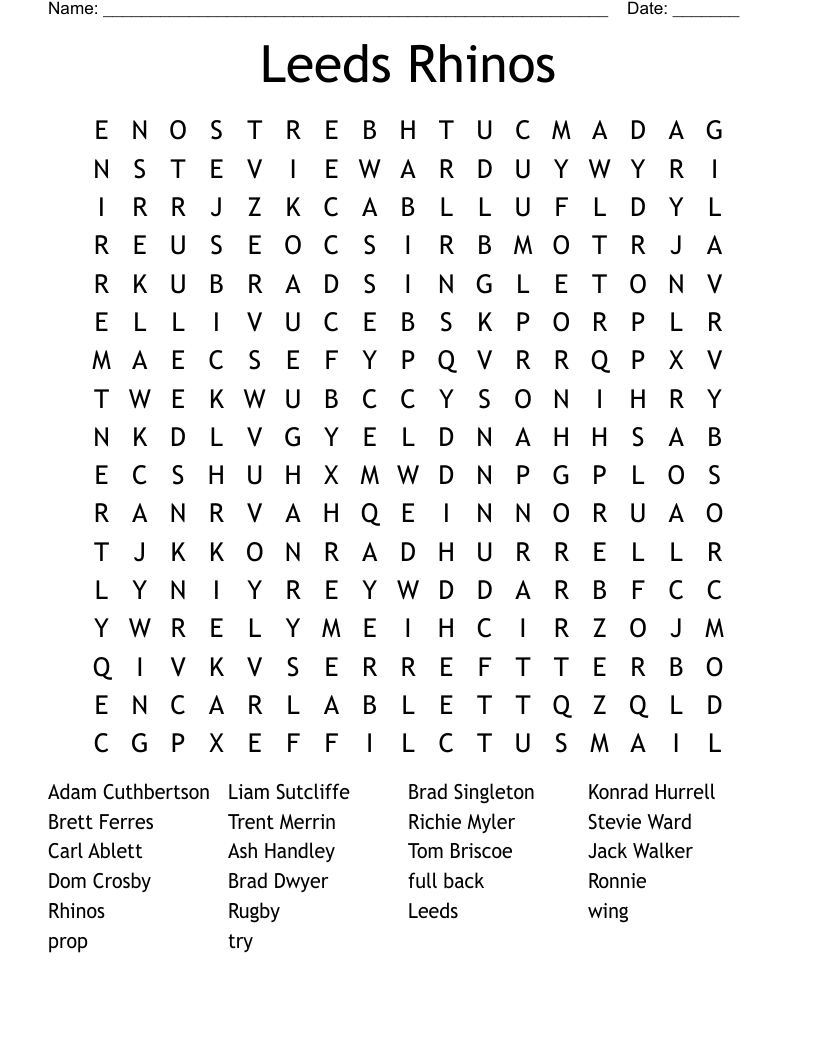 Leeds Rhinos Word Search