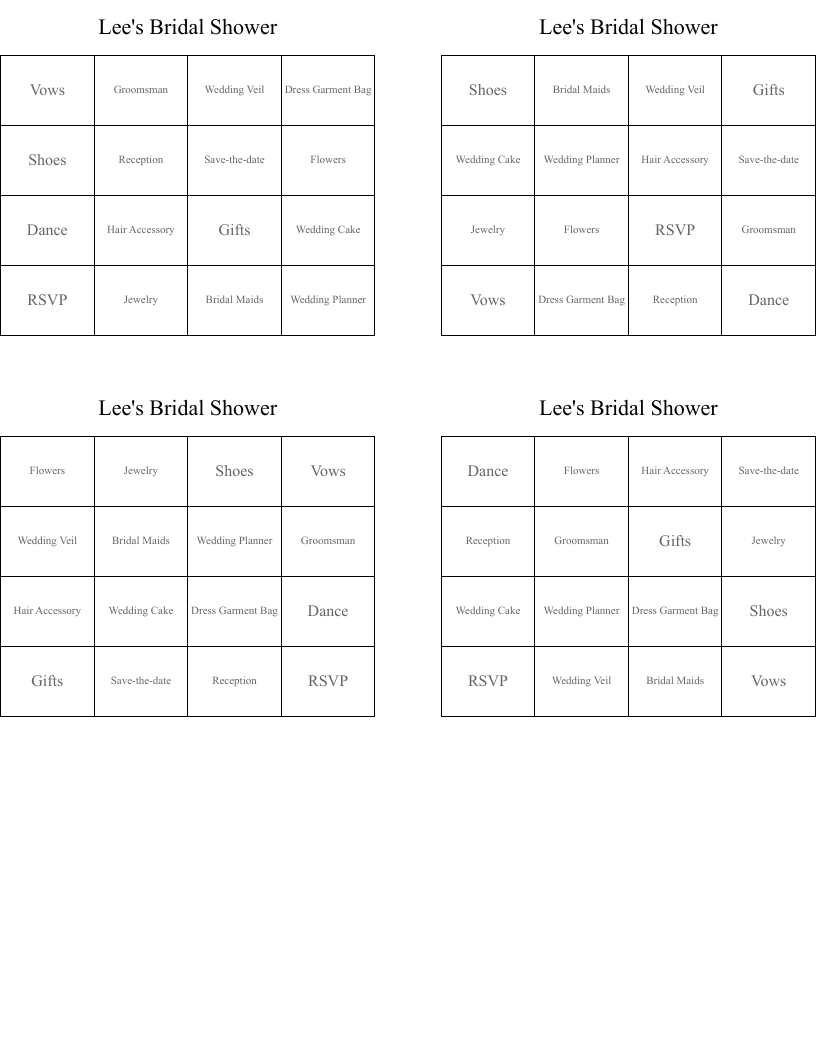 Lee's Bridal Shower Bingo Cards