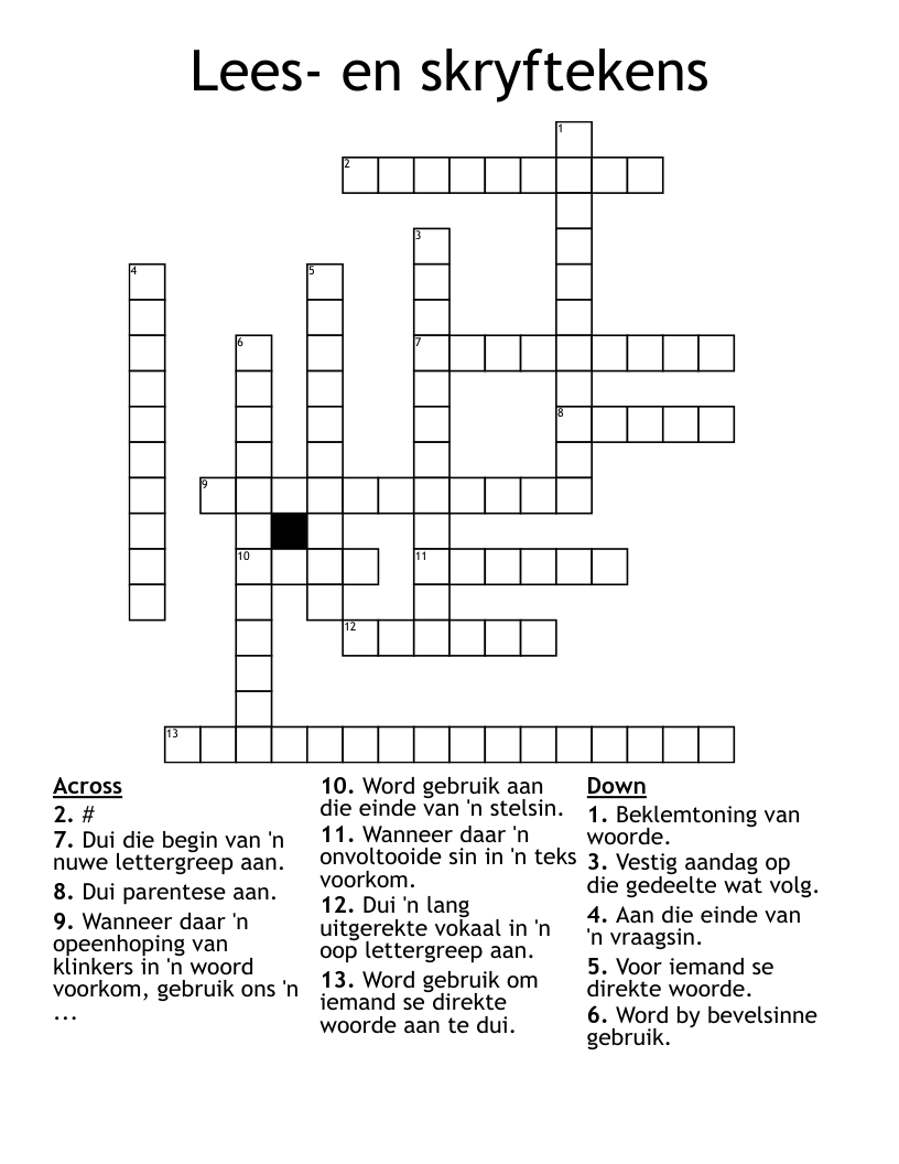 Lees- en skryftekens Crossword