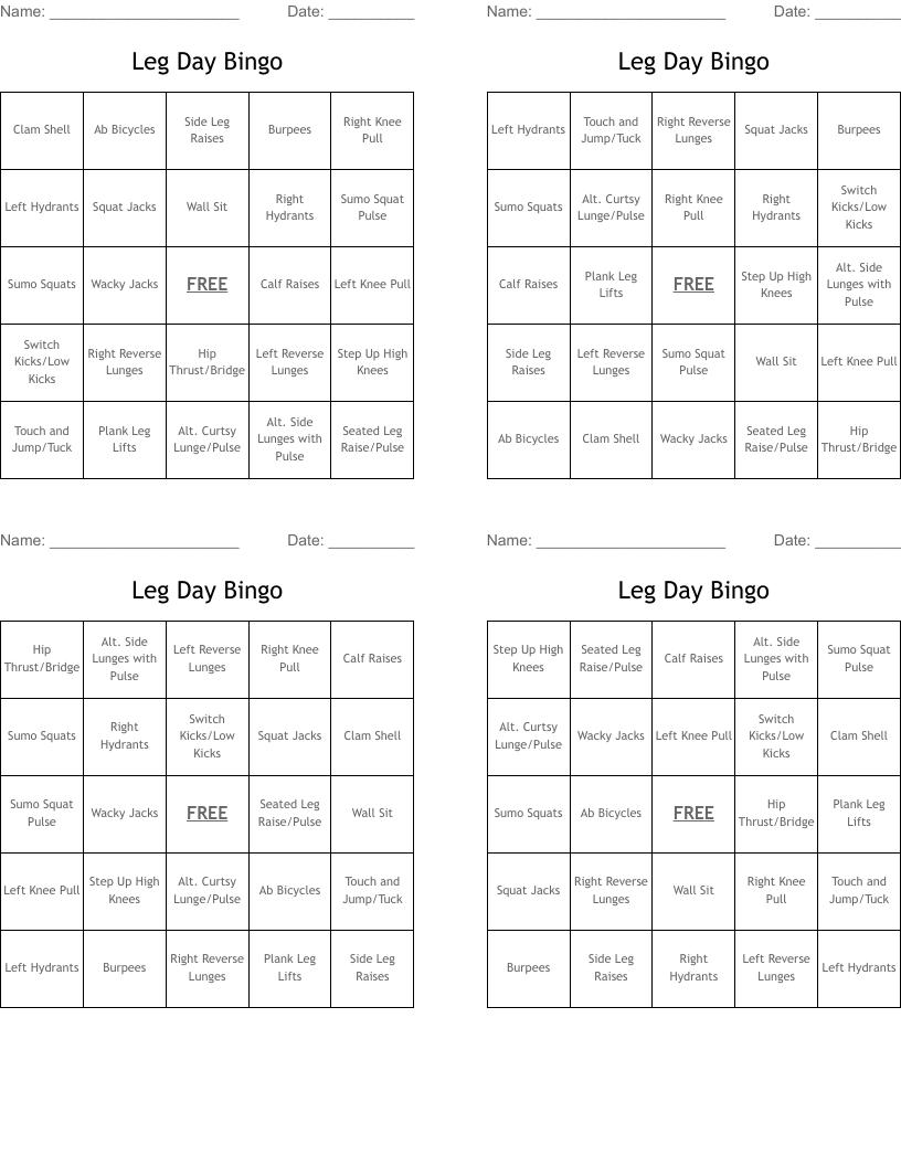 Leg Day Bingo