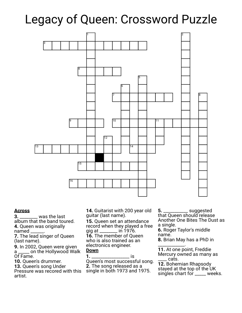 Legacy of Queen: Crossword Puzzle