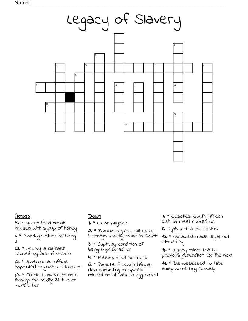 Legacy of Slavery Crossword