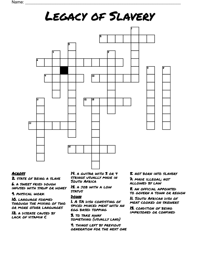 Legacy of Slavery Crossword