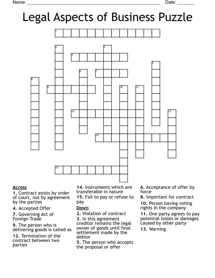 Legal Aspects of Business Puzzle Crossword