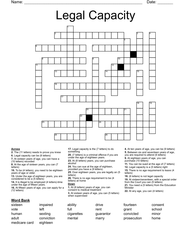 Legal Capacity Crossword