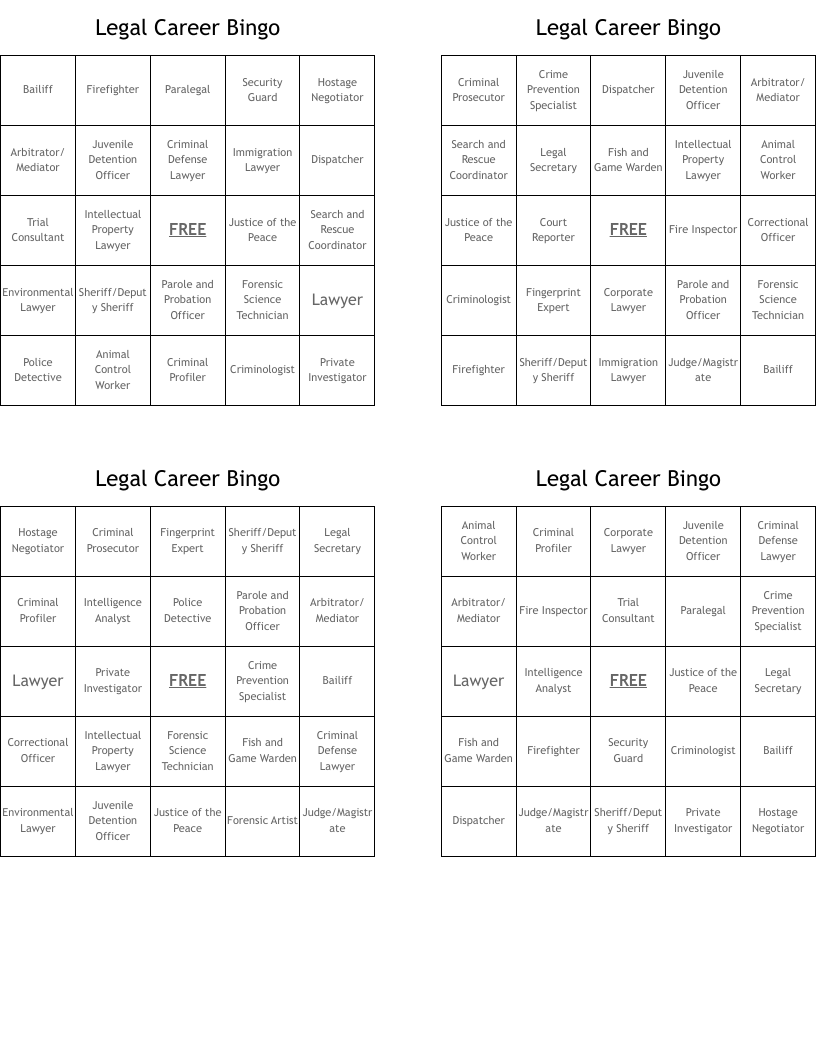 Legal Career Bingo 