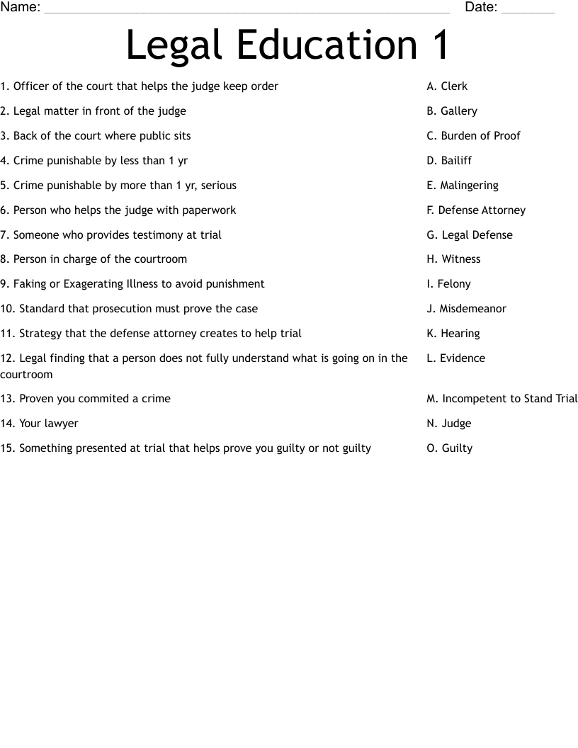 Legal Education 1 Worksheet