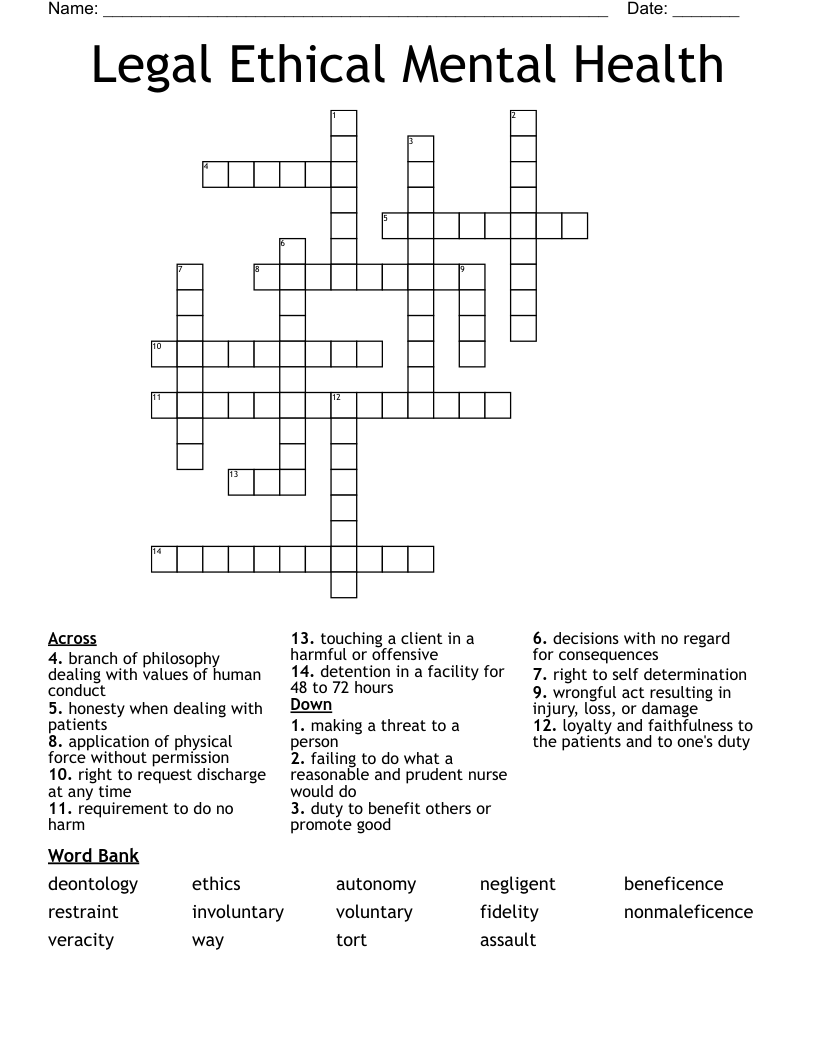 Legal Ethical Mental Health Crossword