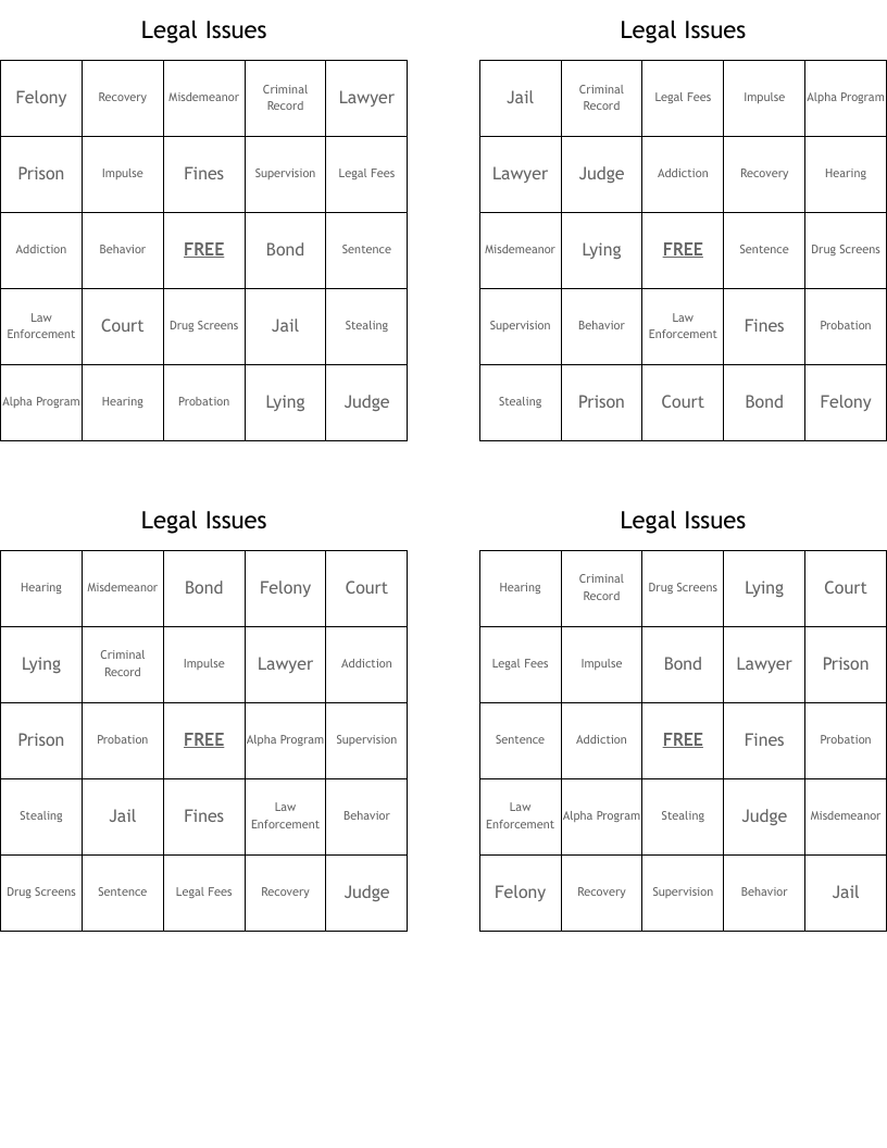Legal Issues Bingo Cards