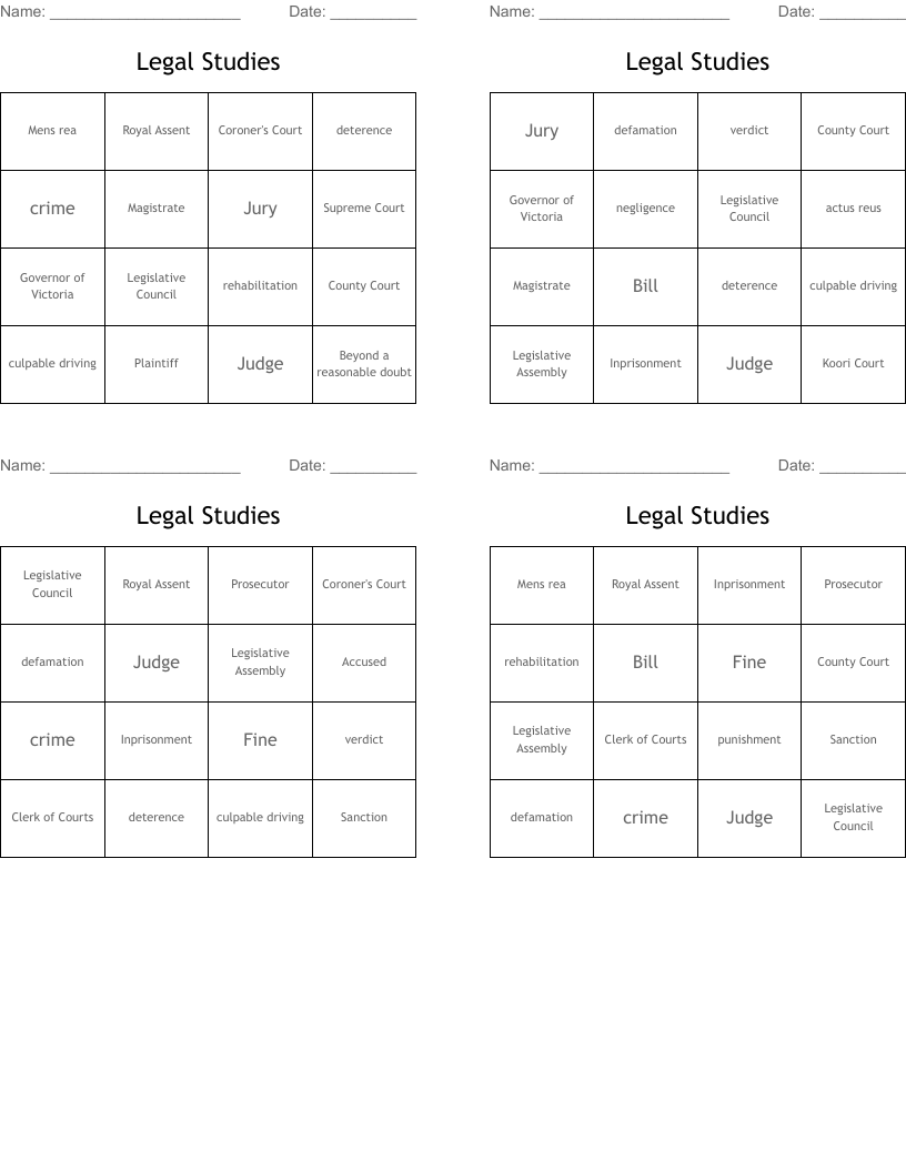 Legal Studies Bingo Cards