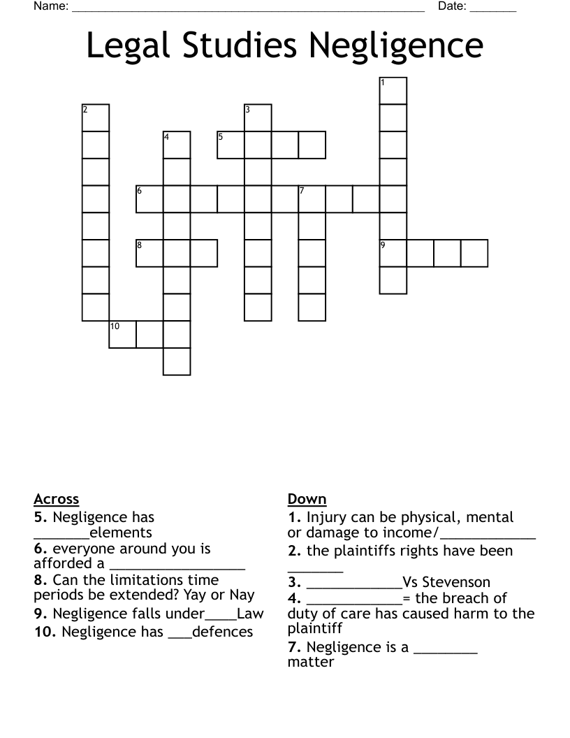 Legal Studies Negligence  Crossword