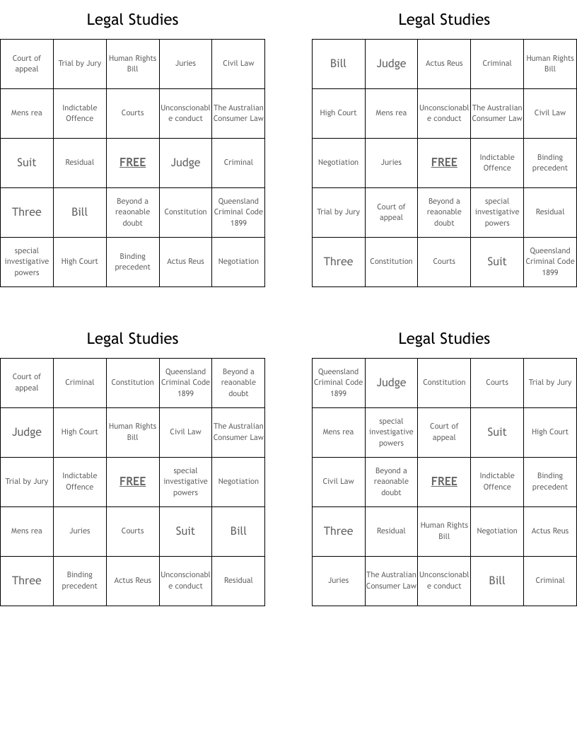 Legal Studies  Bingo Cards