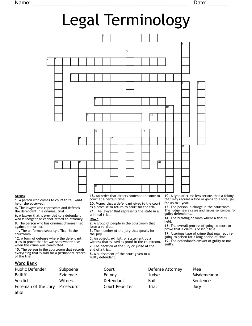 Legal Terminology Crossword