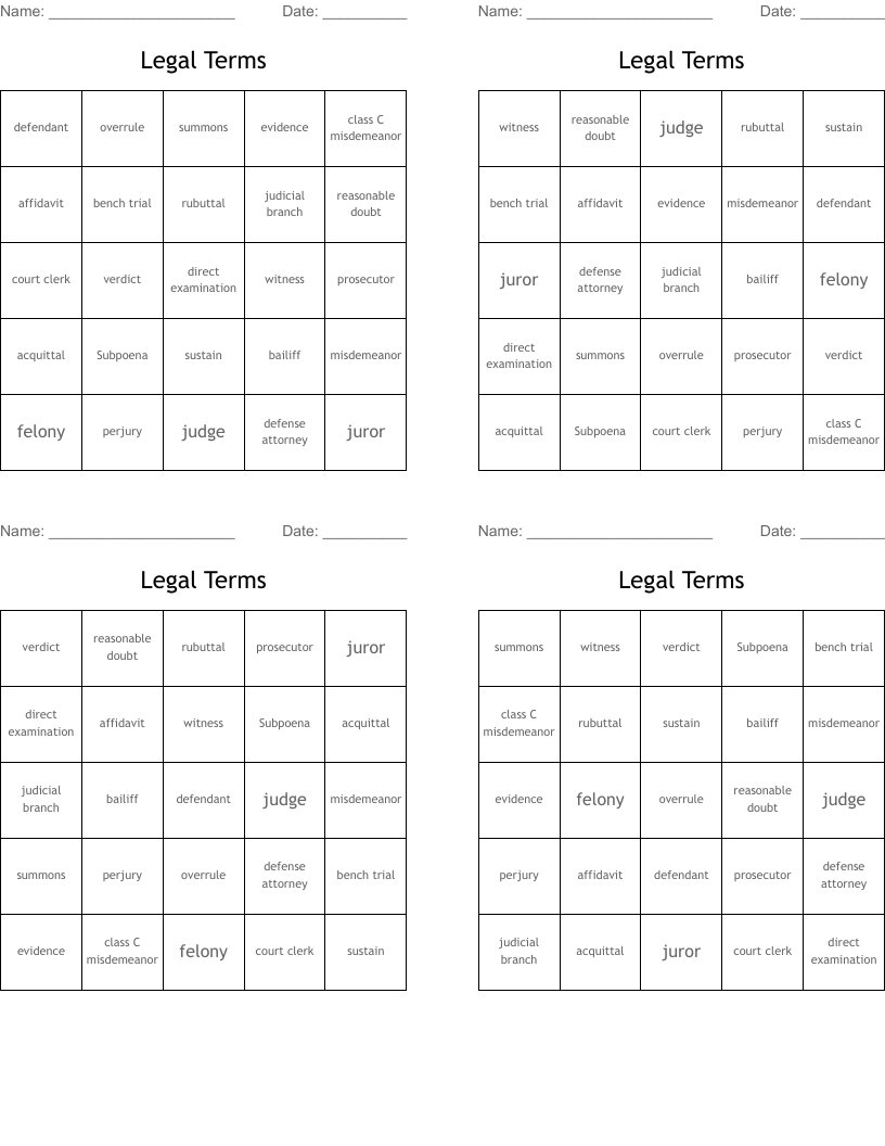 Legal Terms Bingo Cards