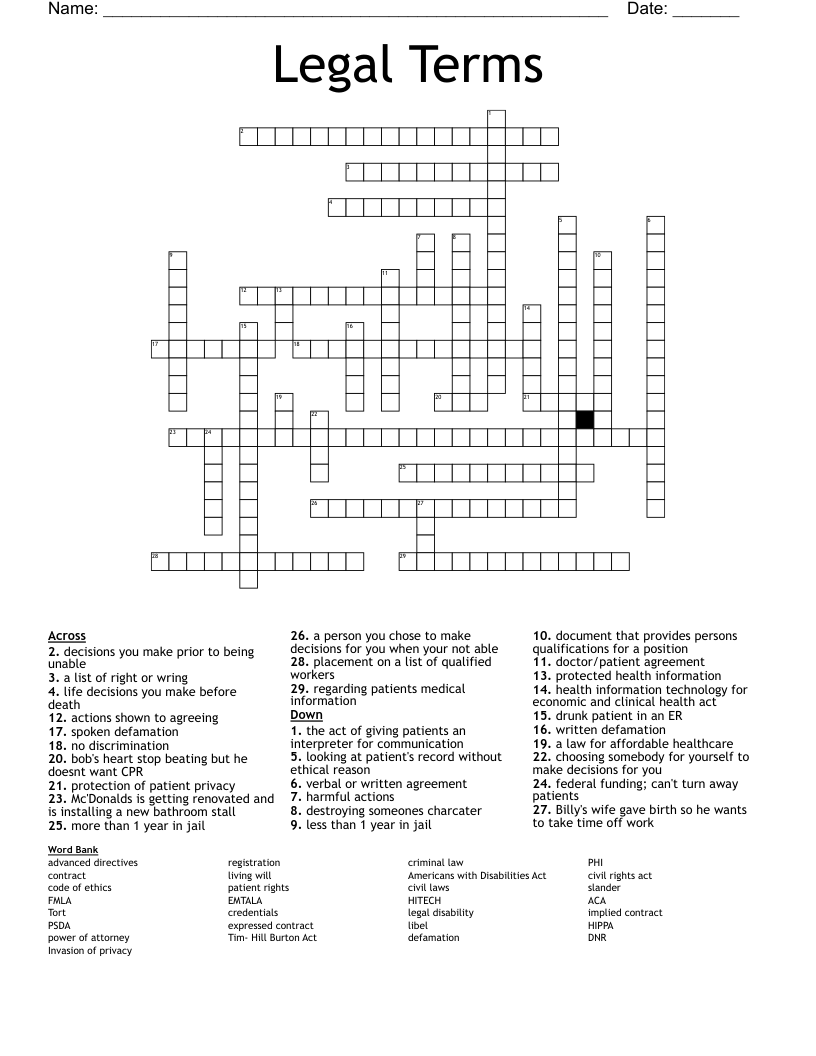 Legal Terms Crossword