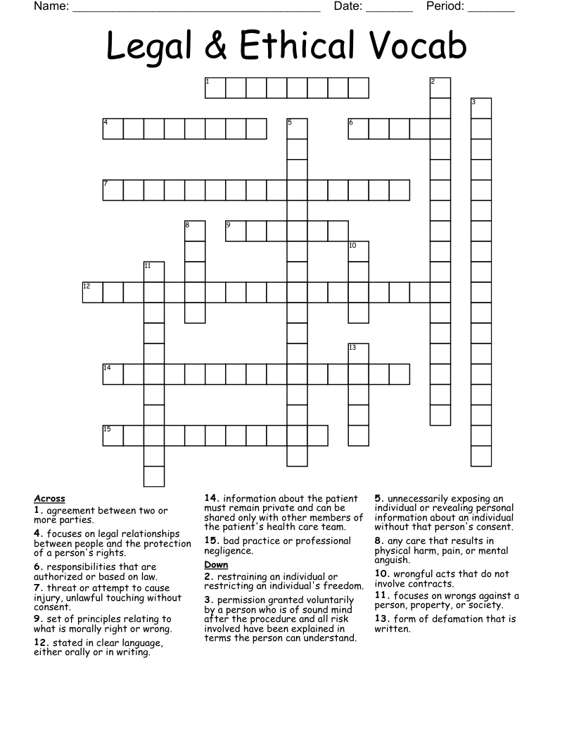 Legal & Ethical Vocab Crossword
