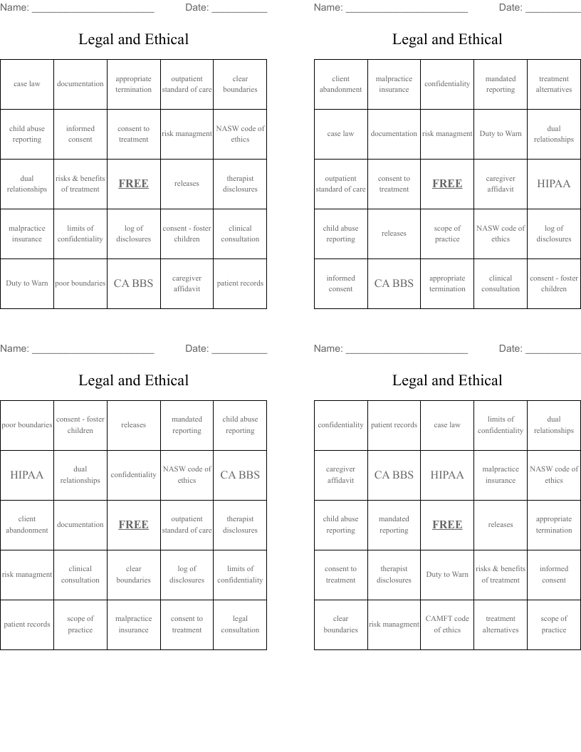 Legal and Ethical Bingo Cards
