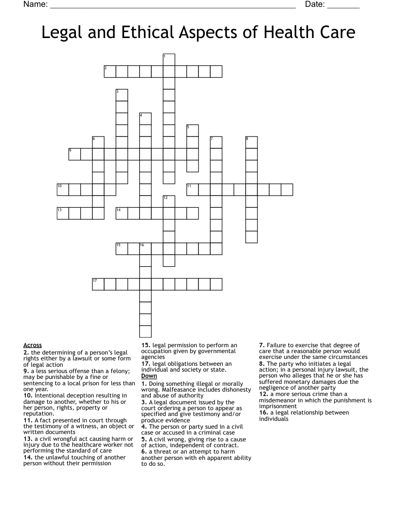 Legal and Ethical Aspects of Health Care Crossword