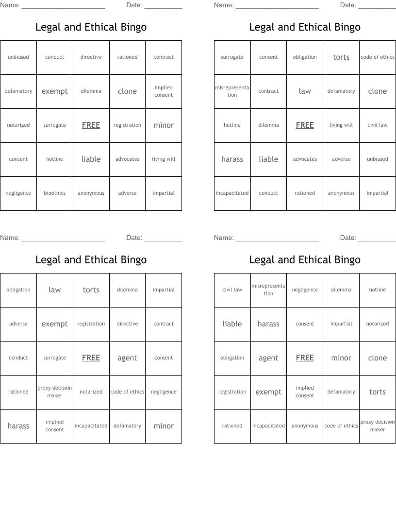 Legal and Ethical Bingo