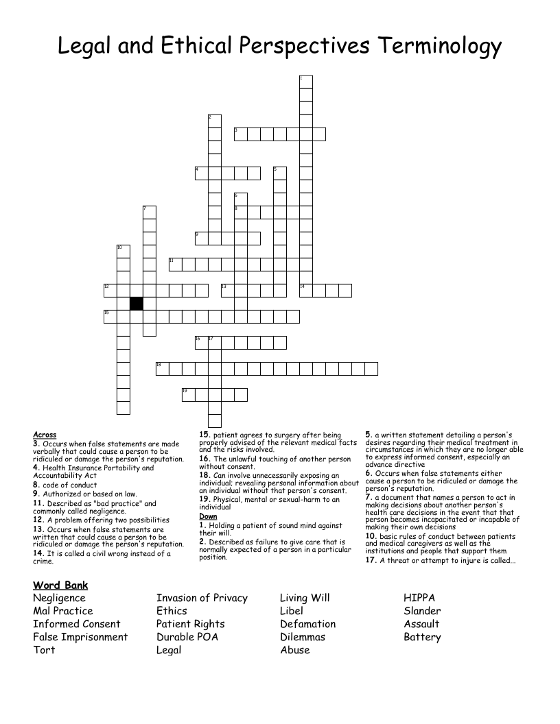 Legal and Ethical Perspectives Terminology Crossword