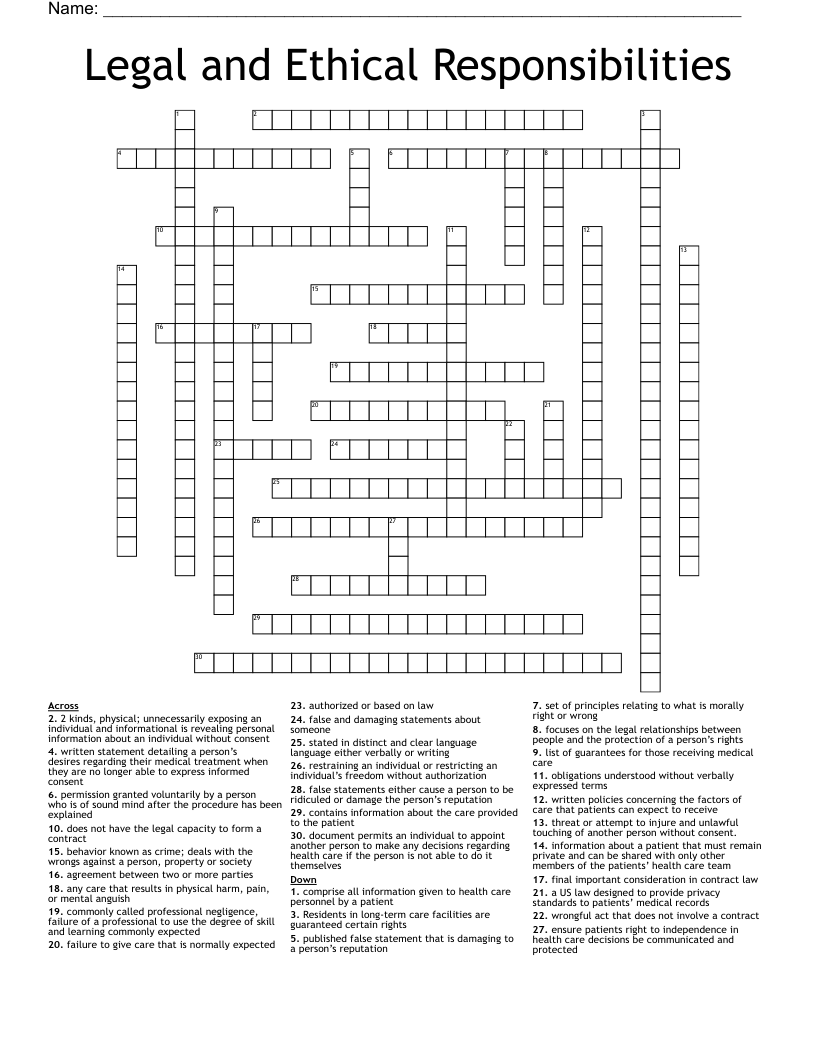 Legal and Ethical Responsibilities Crossword