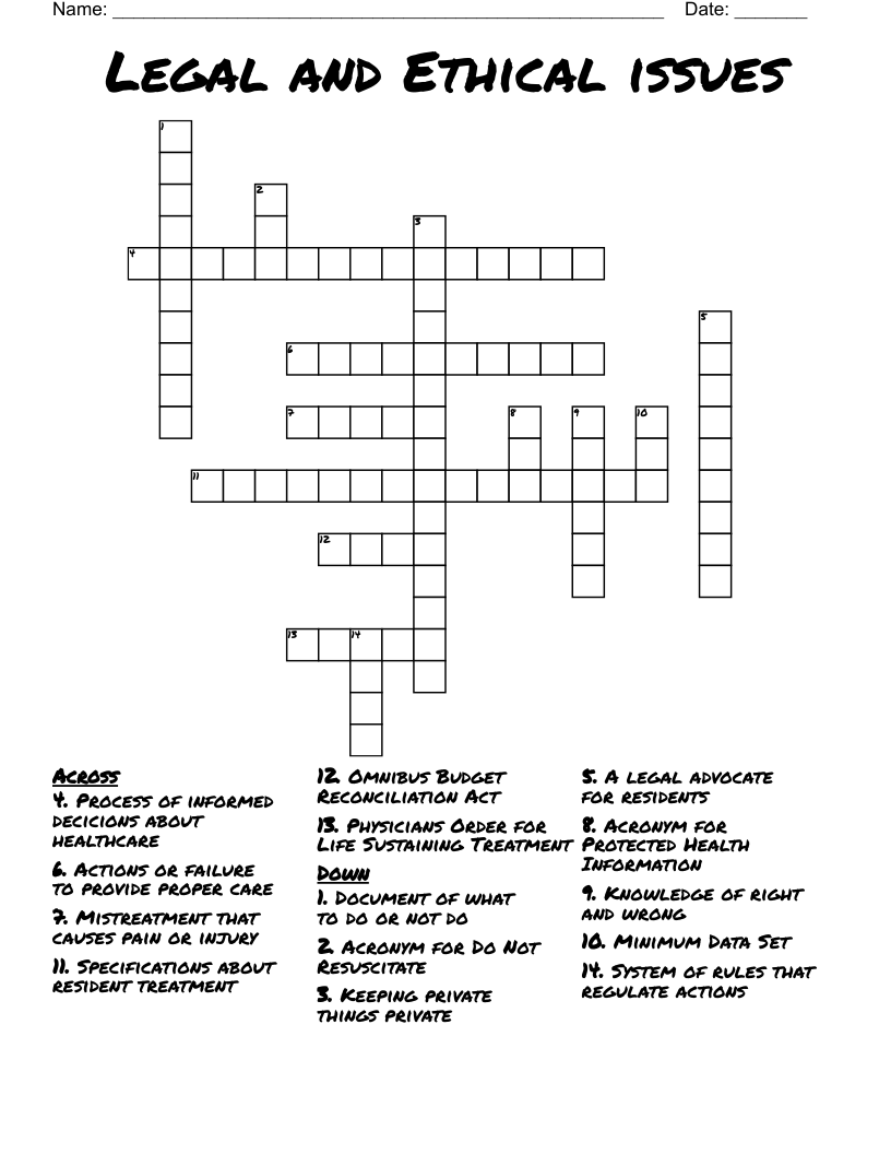 Legal and Ethical issues Crossword