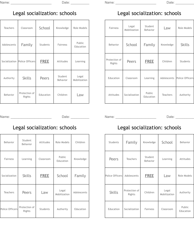 Legal socialization: schools Bingo Cards