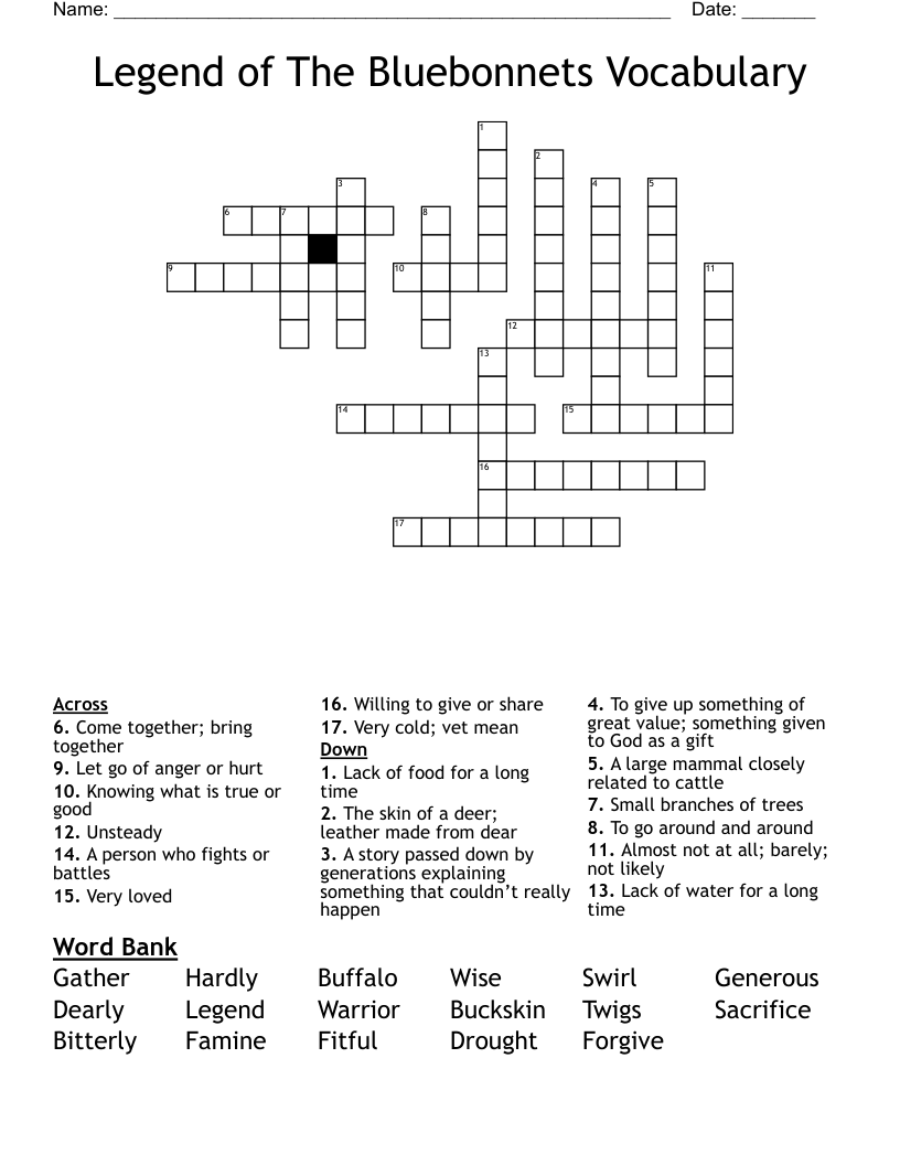 Legend of The Bluebonnets Vocabulary Crossword