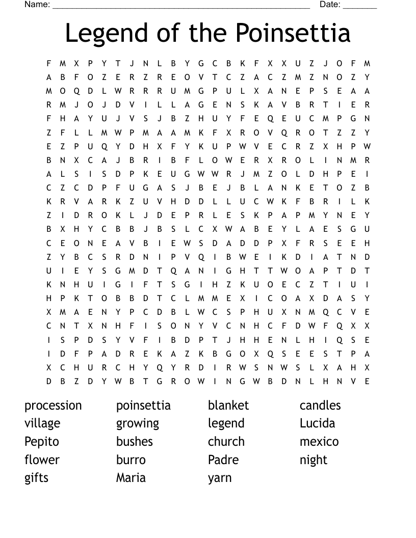 Legend of the Poinsettia Word Search