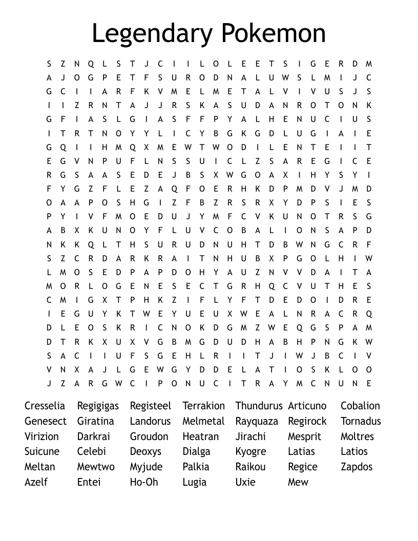 Legendary Pokemon Word Search