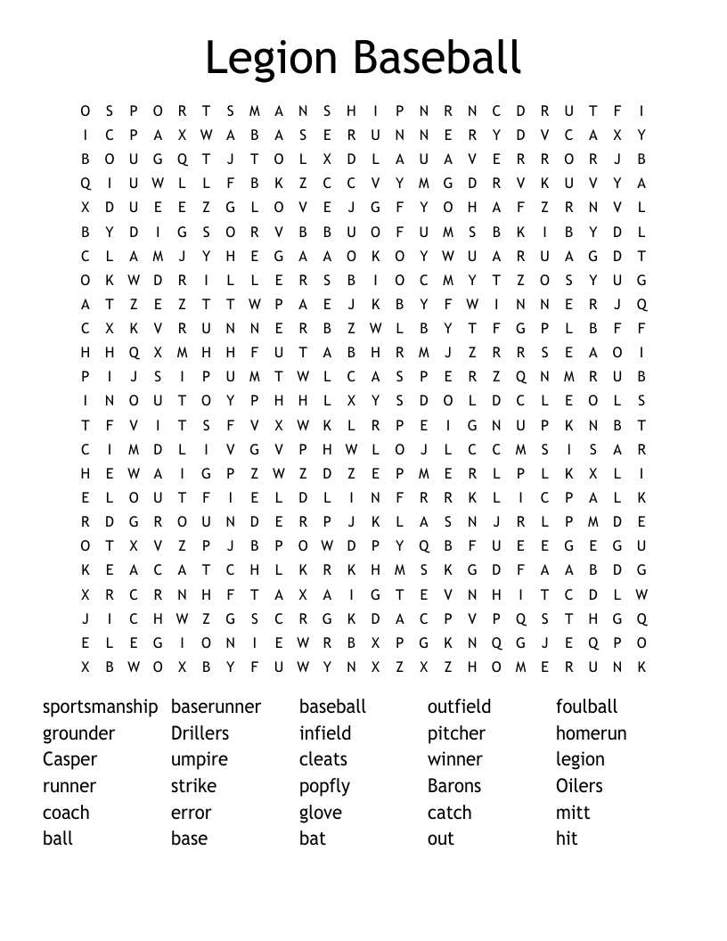 Legion Baseball Word Search