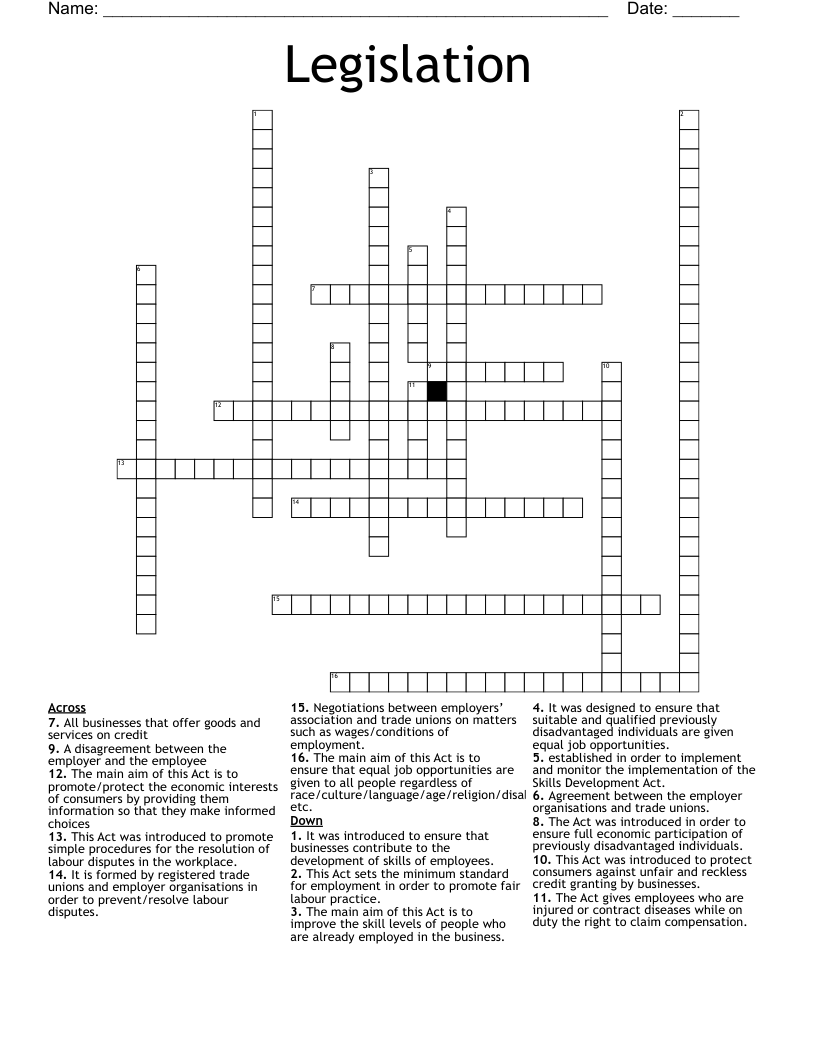 Legislation Crossword