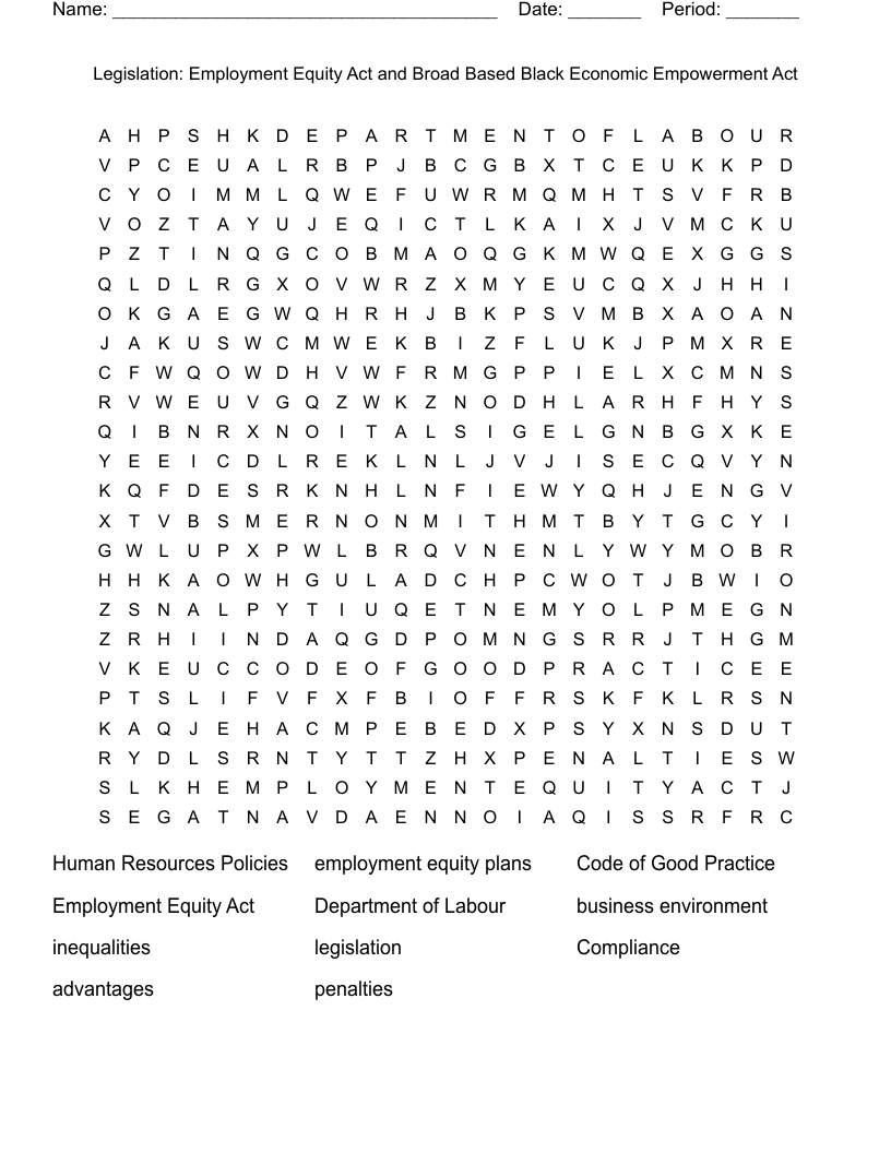 Legislation: Employment Equity Act and Broad Based Black Economic Empowerment Act Word Search