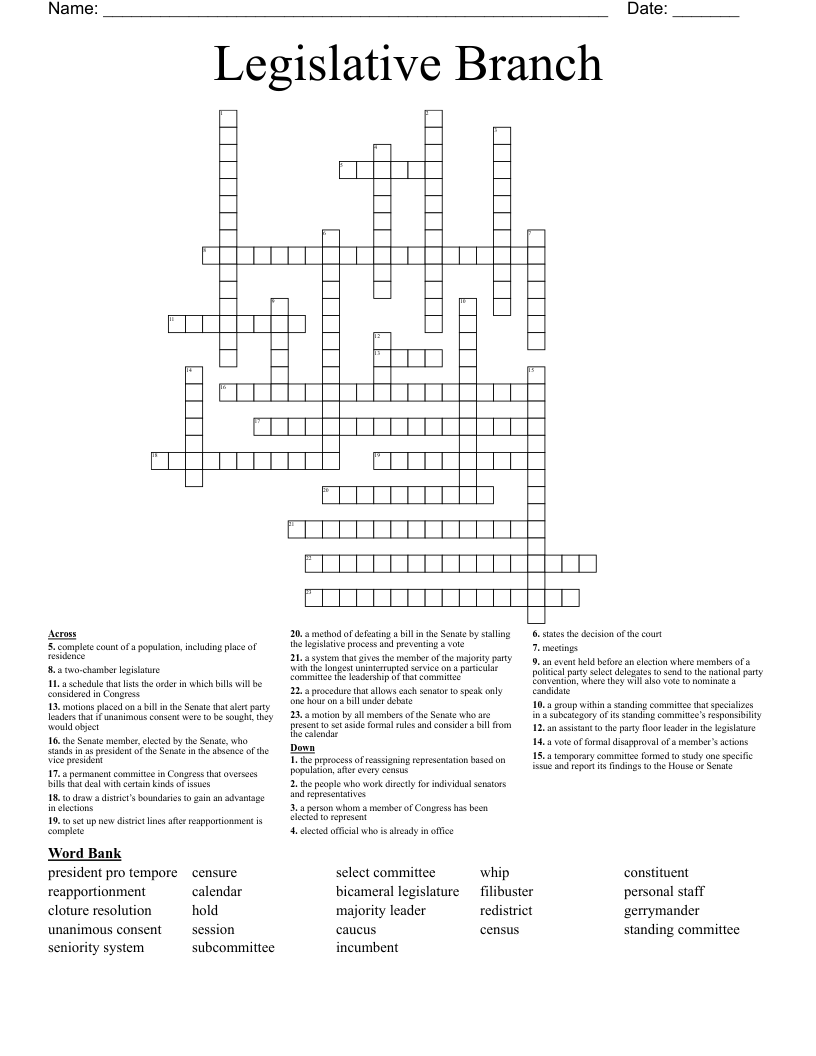 Legislative Branch Crossword