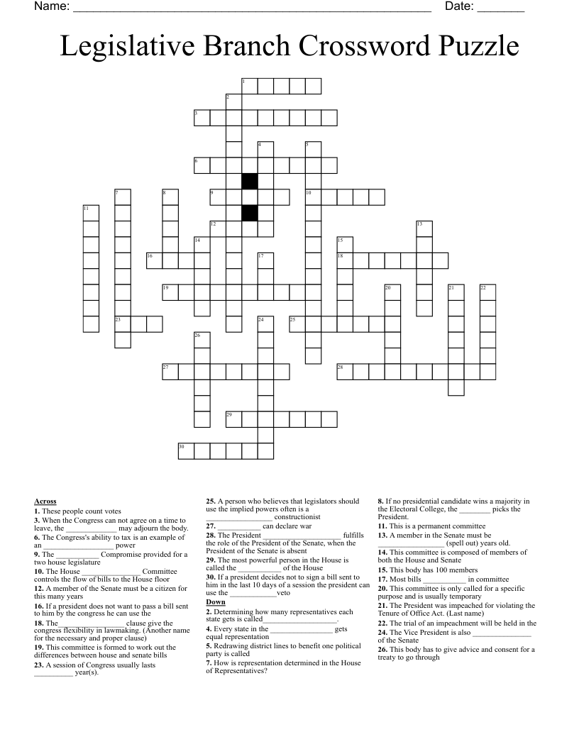 Legislative Branch Crossword Puzzle