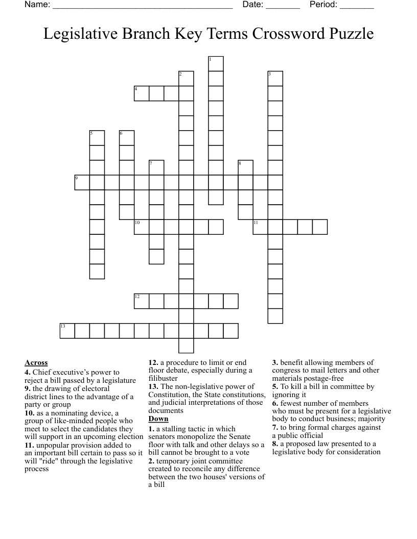 Legislative Branch Key Terms Crossword Puzzle